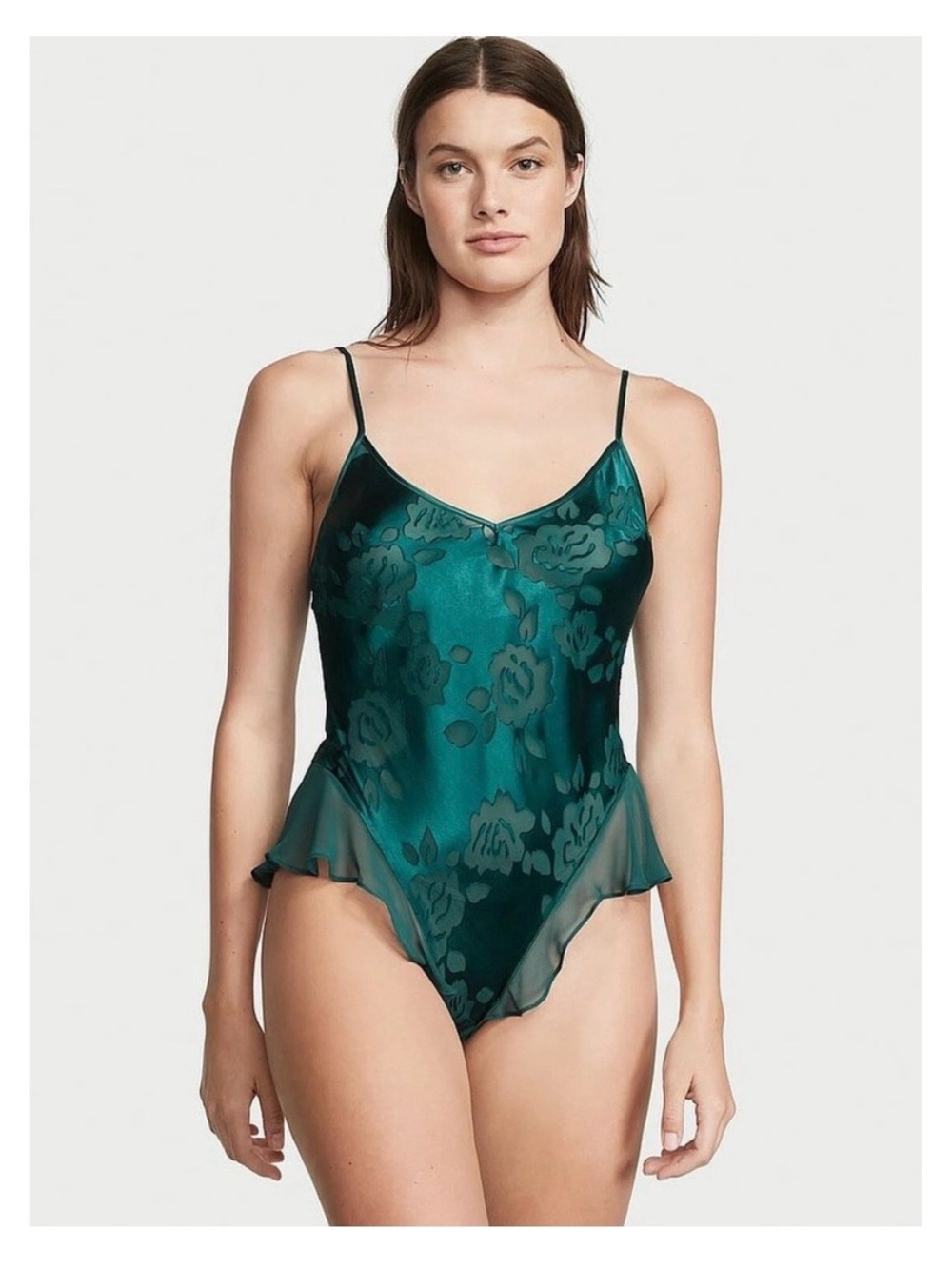 Victoria's Secret Emerald Floral Satin V-Neck Teddy